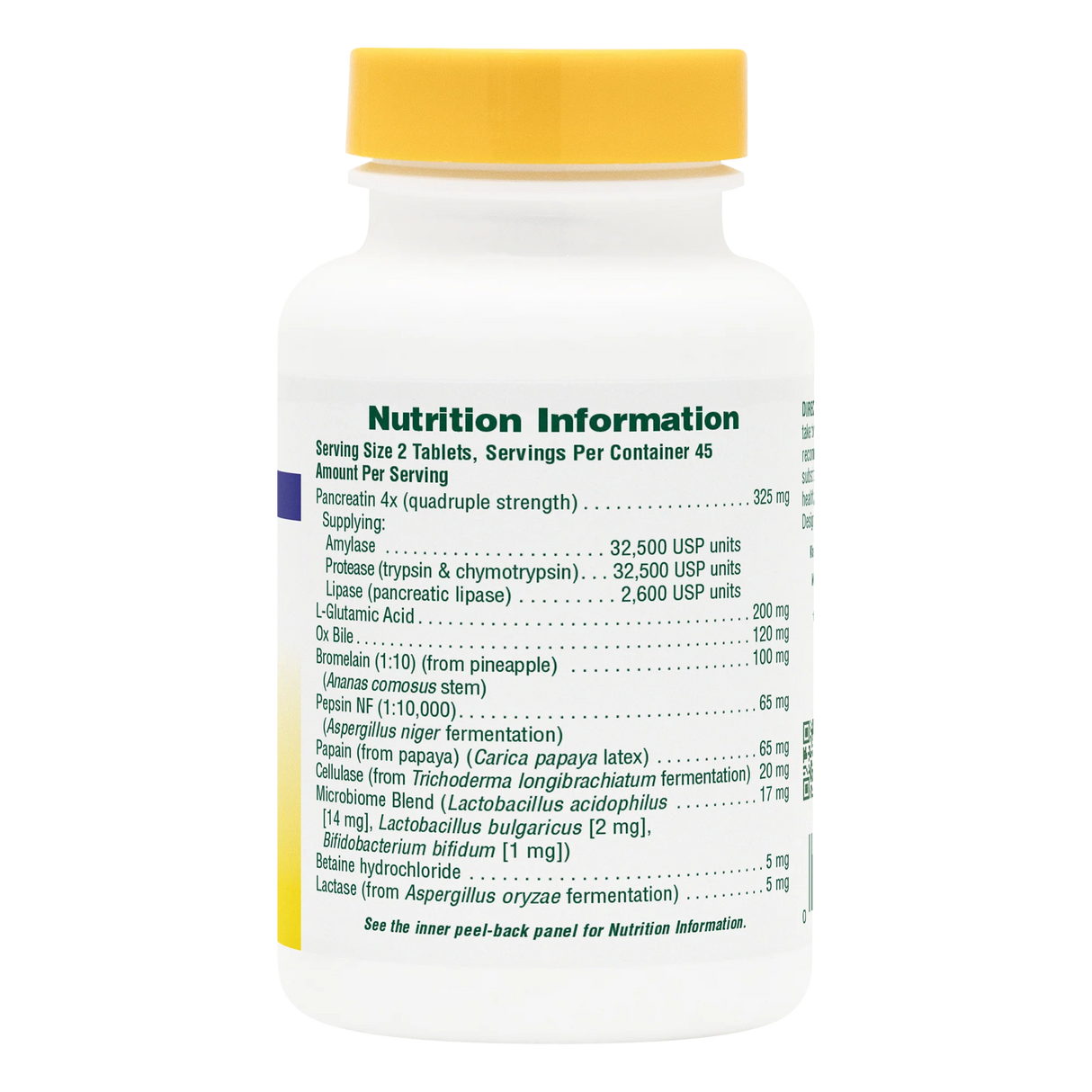 Back label of NaturesPlus Ultra-Zyme supplement bottle showing nutrition facts, serving size of 2 tablets, and a list of enzymes including Pancreatin 4x, Pepsin, Ox Bile, and Bromelain.