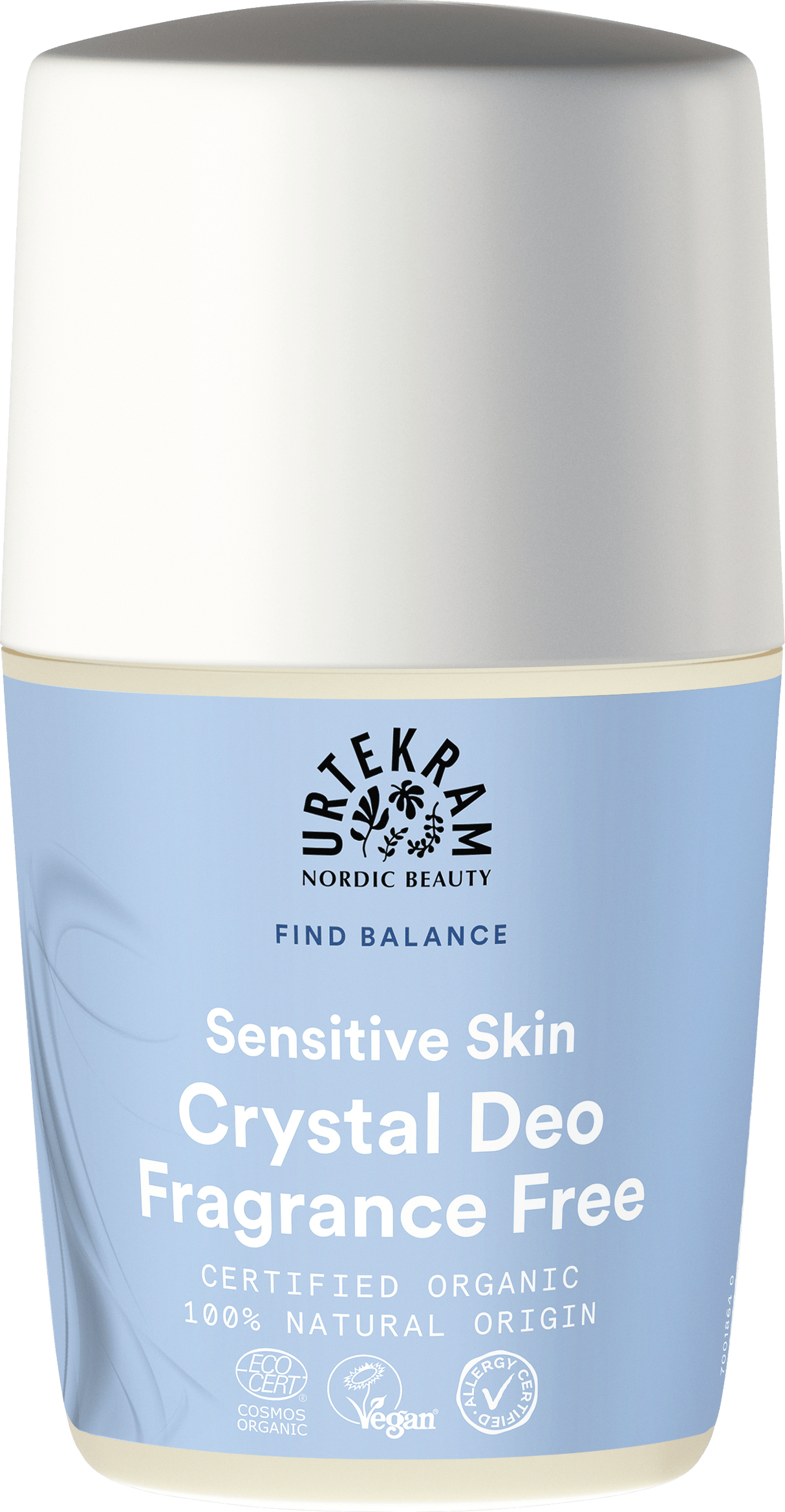 Light blue bottle of Urtekram Fragrance Free Crystal Deo with white cap.
