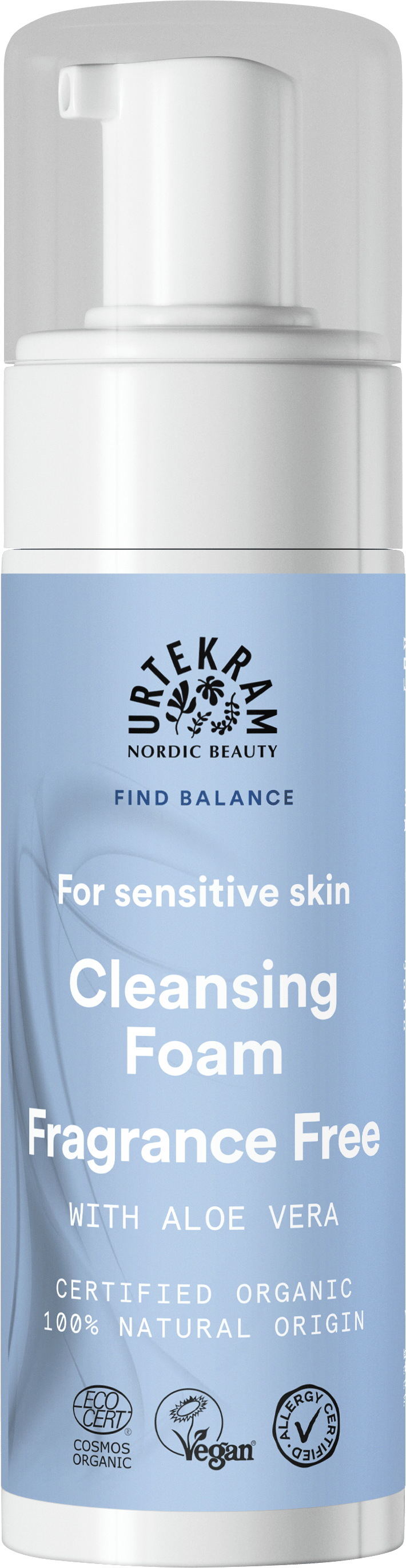 Light blue pump bottle of Urtekram Fragrance Free Cleansing Foam with aloe vera.