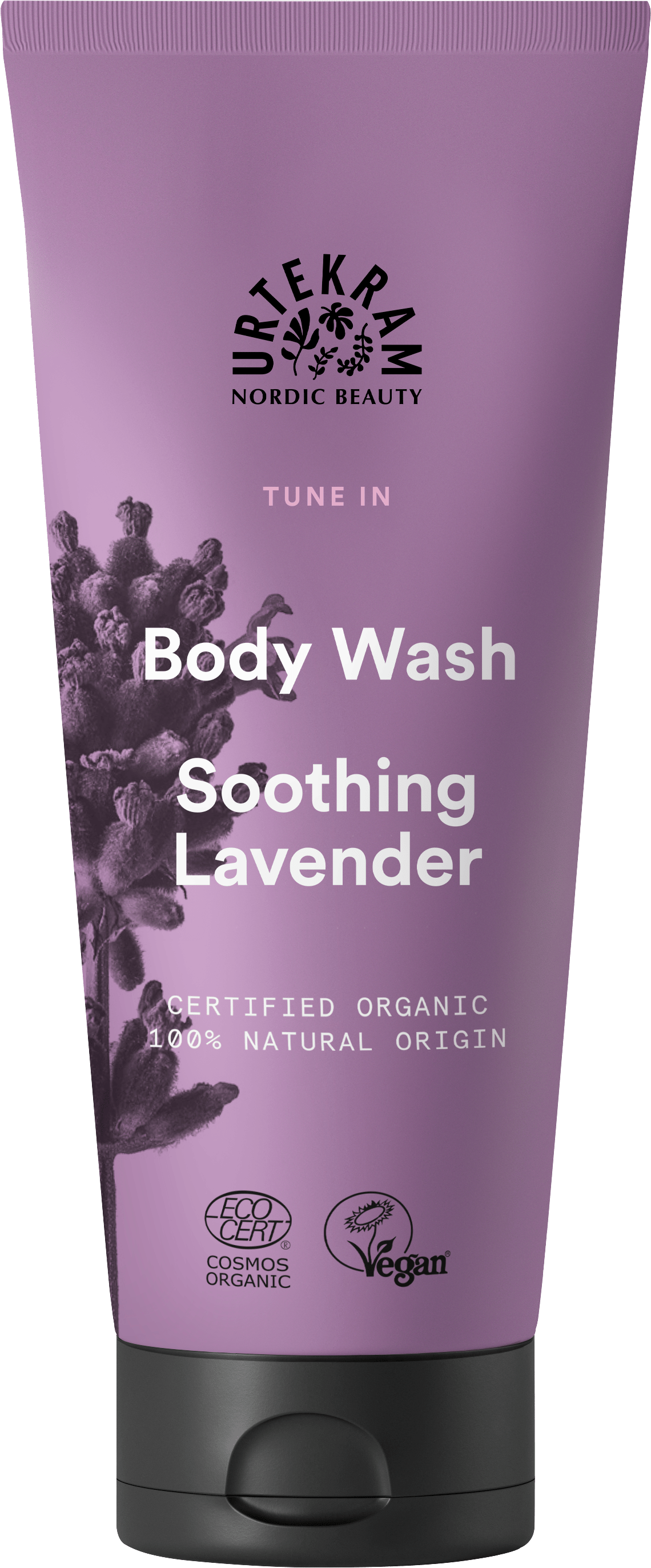 Purple tube of Urtekram Tune In Soothing Lavender Body Wash with black cap.