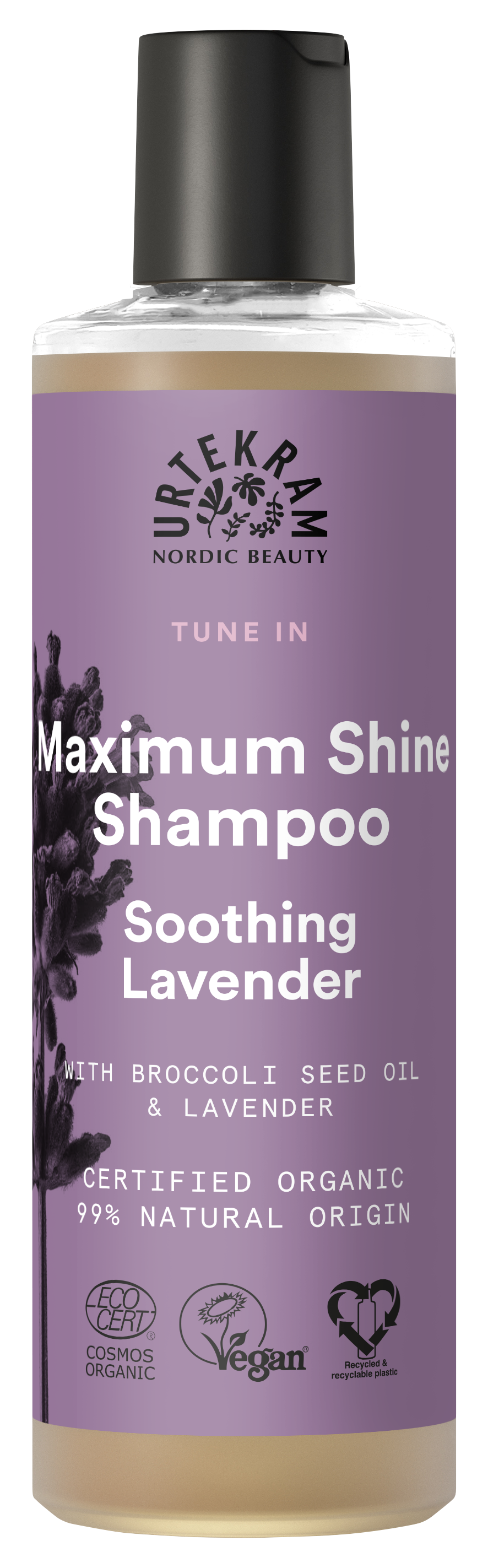 A bottle of Urtekram "Tune In" Maximum Shine Shampoo with Soothing Lavender, featuring a purple label with lavender illustrations and organic/vegan certification logos.