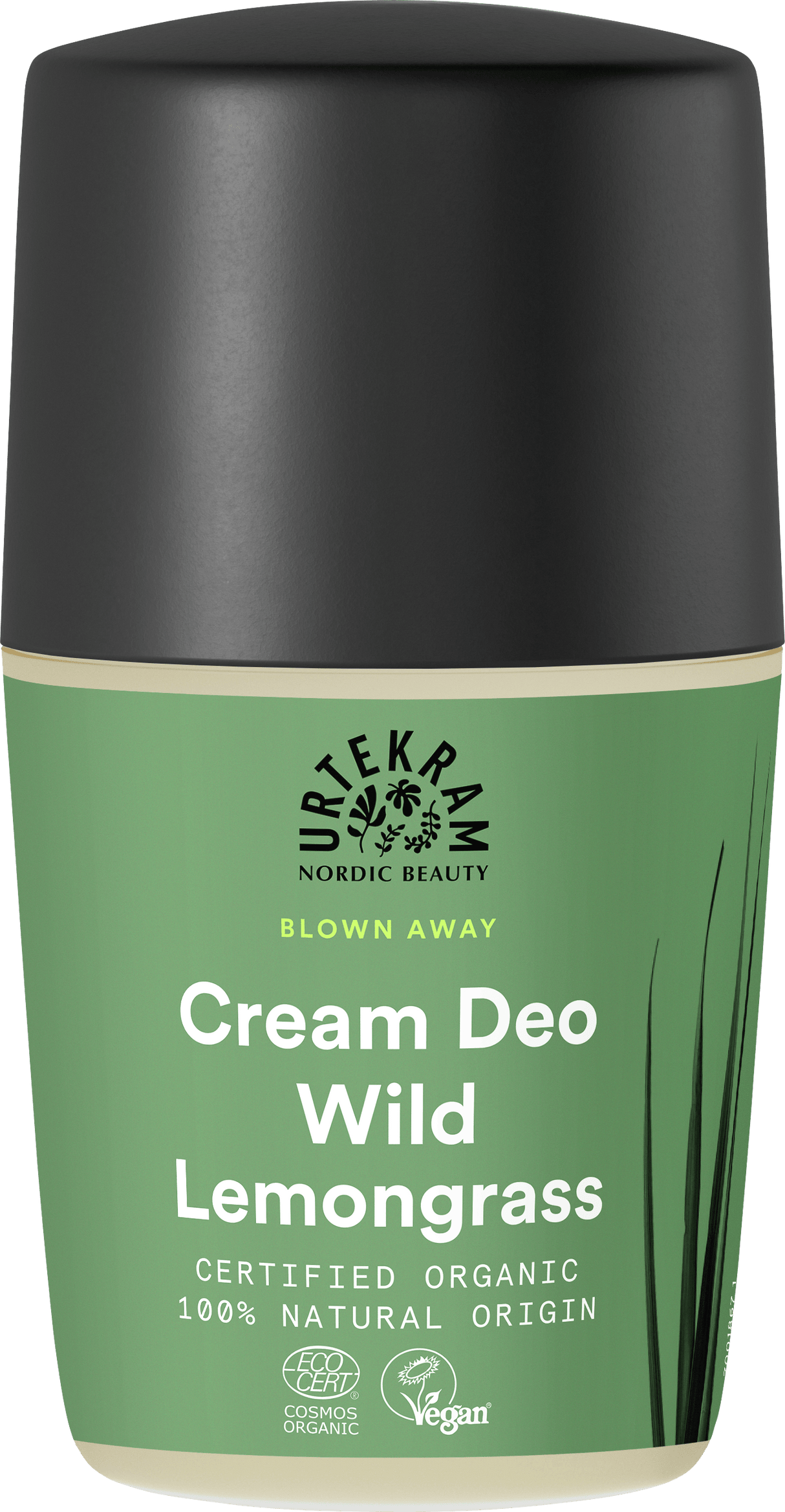 Green bottle of Urtekram Blown Away Wild Lemongrass Cream Deo with black cap.