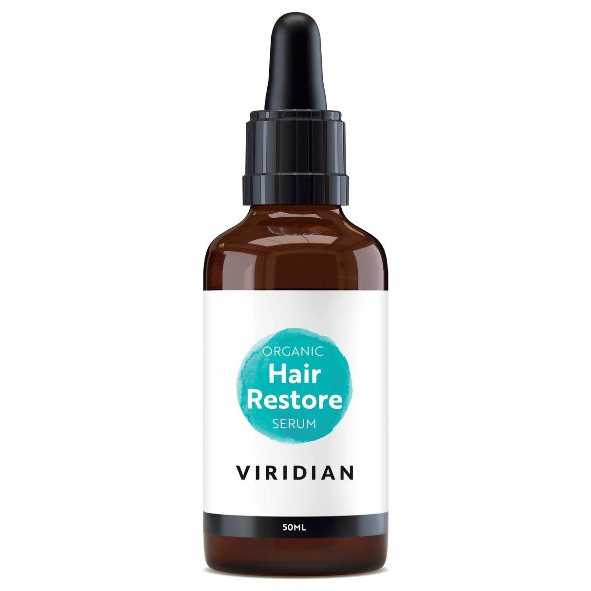 A 50ml amber glass dropper bottle of Viridian Organic Hair Restore Serum with a white label and a turquoise watercolor-style circle, isolated on a white background.