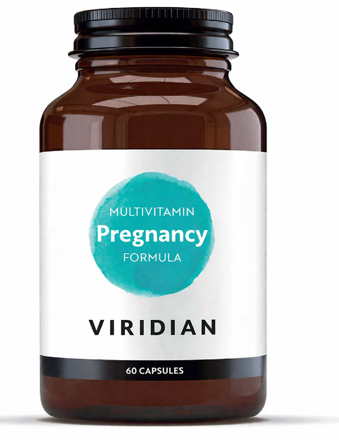 A 60-capsule amber glass jar of Viridian Pregnancy Formula multivitamin food supplement with a white label and a turquoise watercolor-style circle, isolated on a white background.