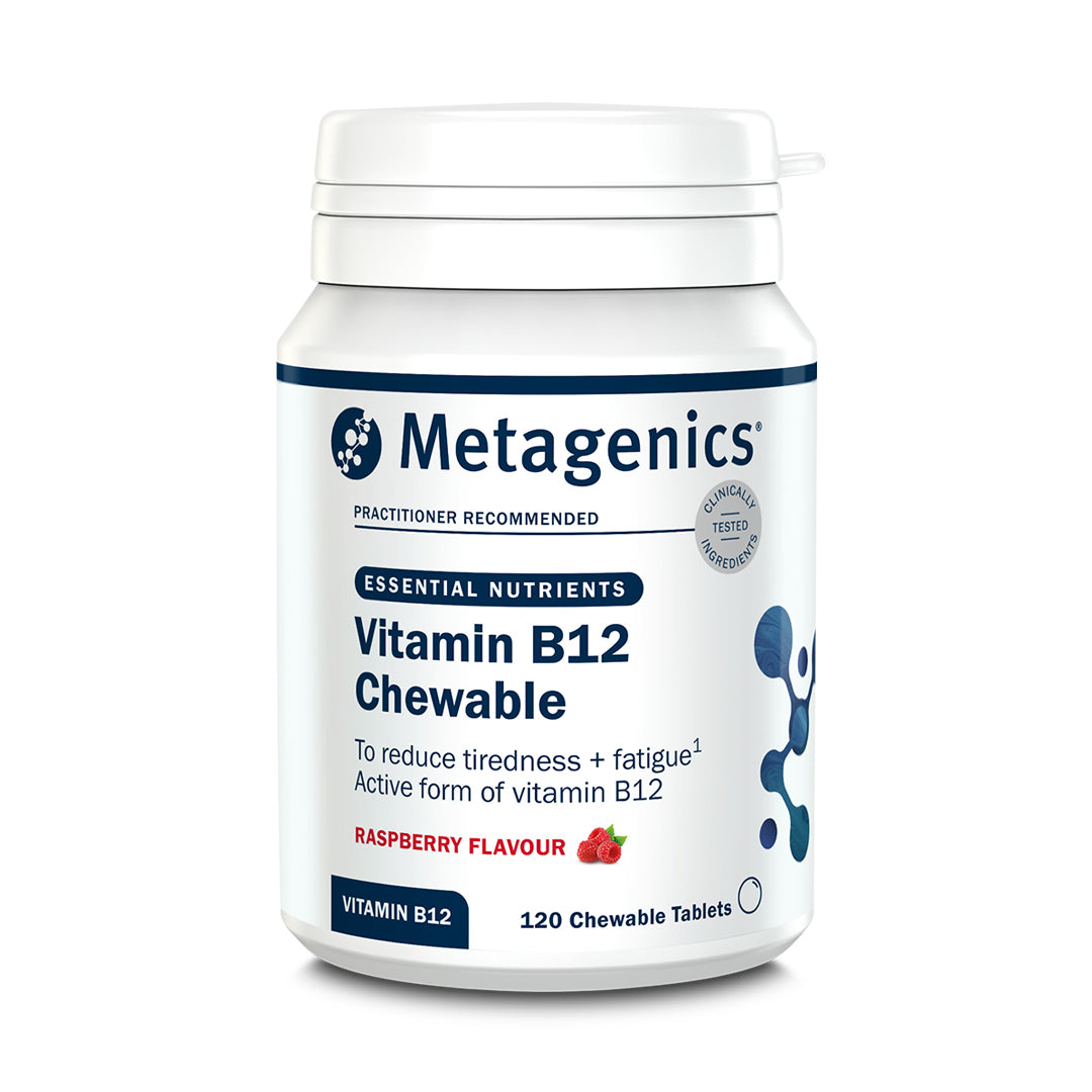 Product bottle of Metagenics Vitamin B12 Chewable, raspberry flavor tablets designed to reduce tiredness and fatigue with an active form of vitamin B12, 120 chewable tablets.