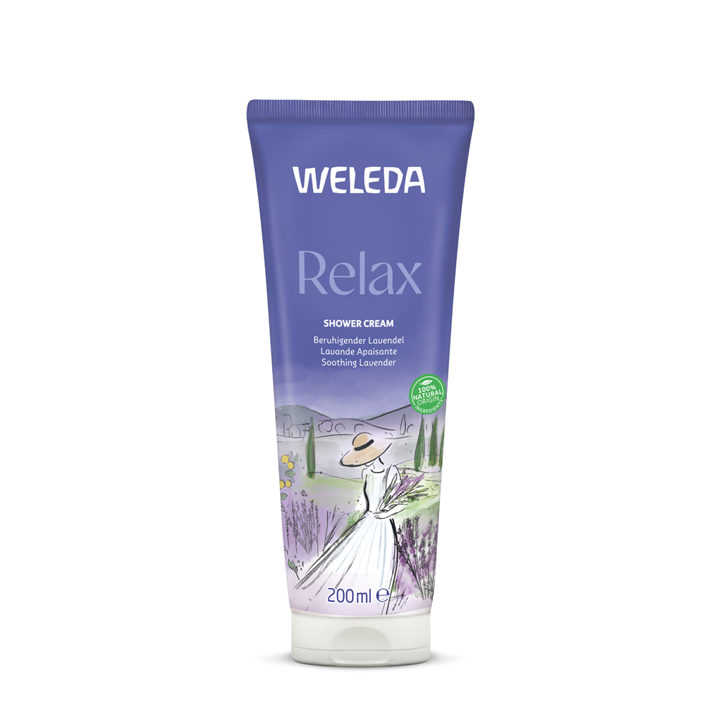 A purple 200ml tube of Weleda Relax Shower Cream featuring "Soothing Lavender" text and an illustration of a woman in a sun hat holding a bouquet of lavender in a scenic field.