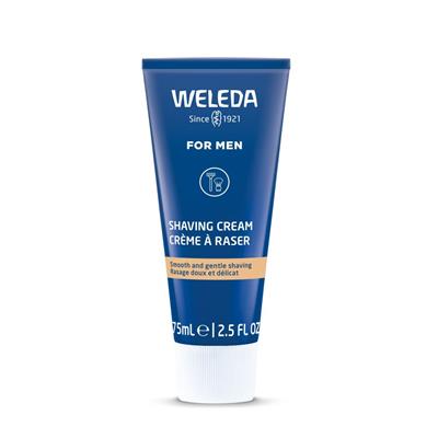 A blue 75ml tube of Weleda Shaving Cream for men featuring a razor and brush icon and a tan horizontal stripe.
