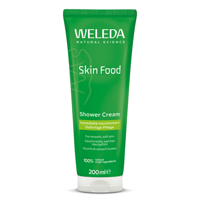 A green 200ml tube of Weleda Skin Food Shower Cream for smooth, soft skin, featuring "100% natural origin ingredients" branding.