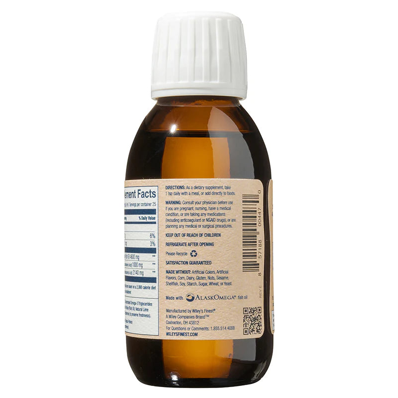 The back view of an amber glass bottle showing the supplement facts, directions for use, and a barcode on a tan label.