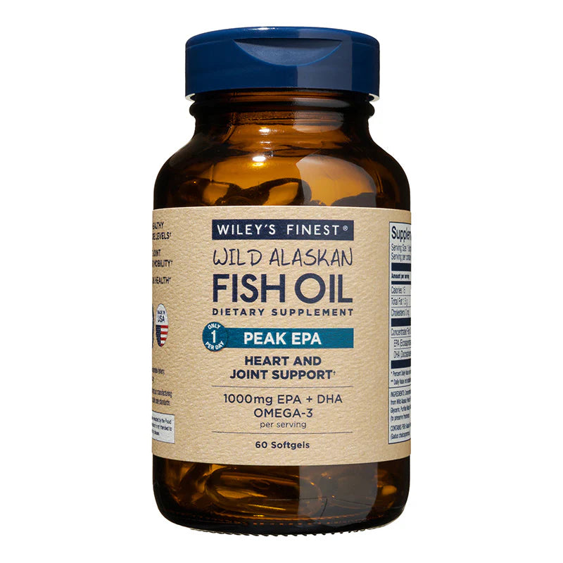 Bottle of Wiley's Finest Wild Alaskan Fish Oil dietary supplement on a white background