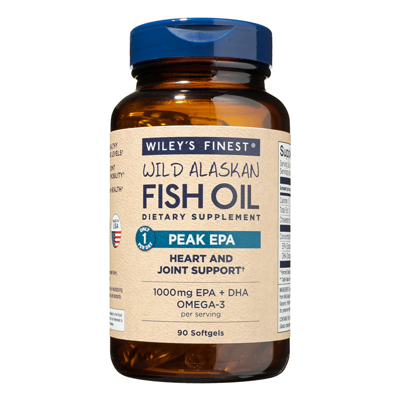 Bottle of Wiley's Finest Wild Alaskan Fish Oil dietary supplement on a white background