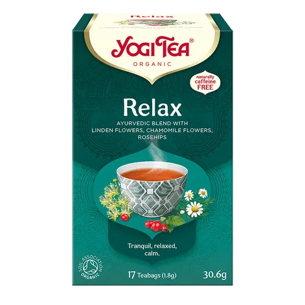 Yogi Tea Relax tea box with a green background