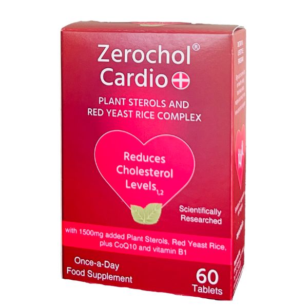Zerochol Cardio Plus 60 tablets for cholesterol management and heart health support with plant sterols and CoQ10.