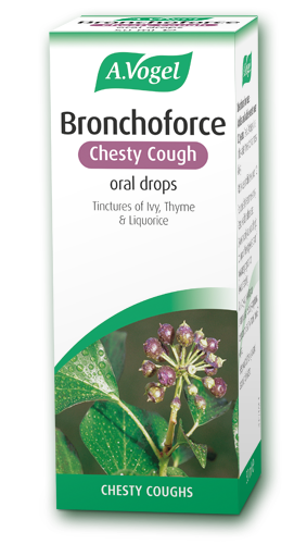 A.Vogel Bronchoforce chesty cough oral drops retail box featuring ivy and thyme.
