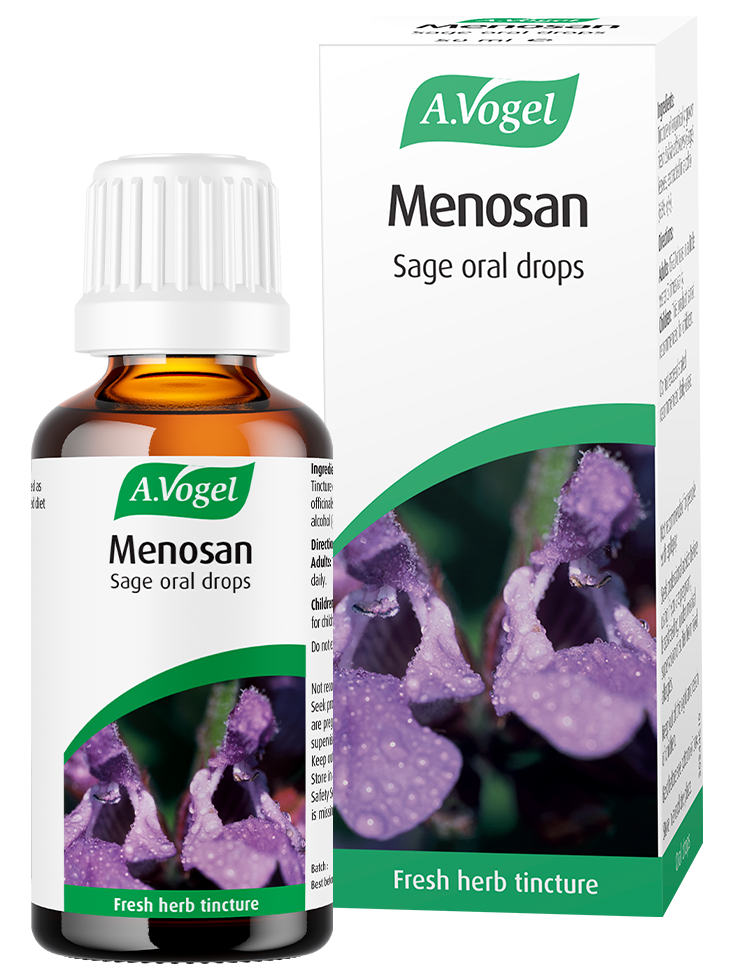 A.Vogel Menosan Sage oral drops bottle and retail carton with a purple sage flower illustration.