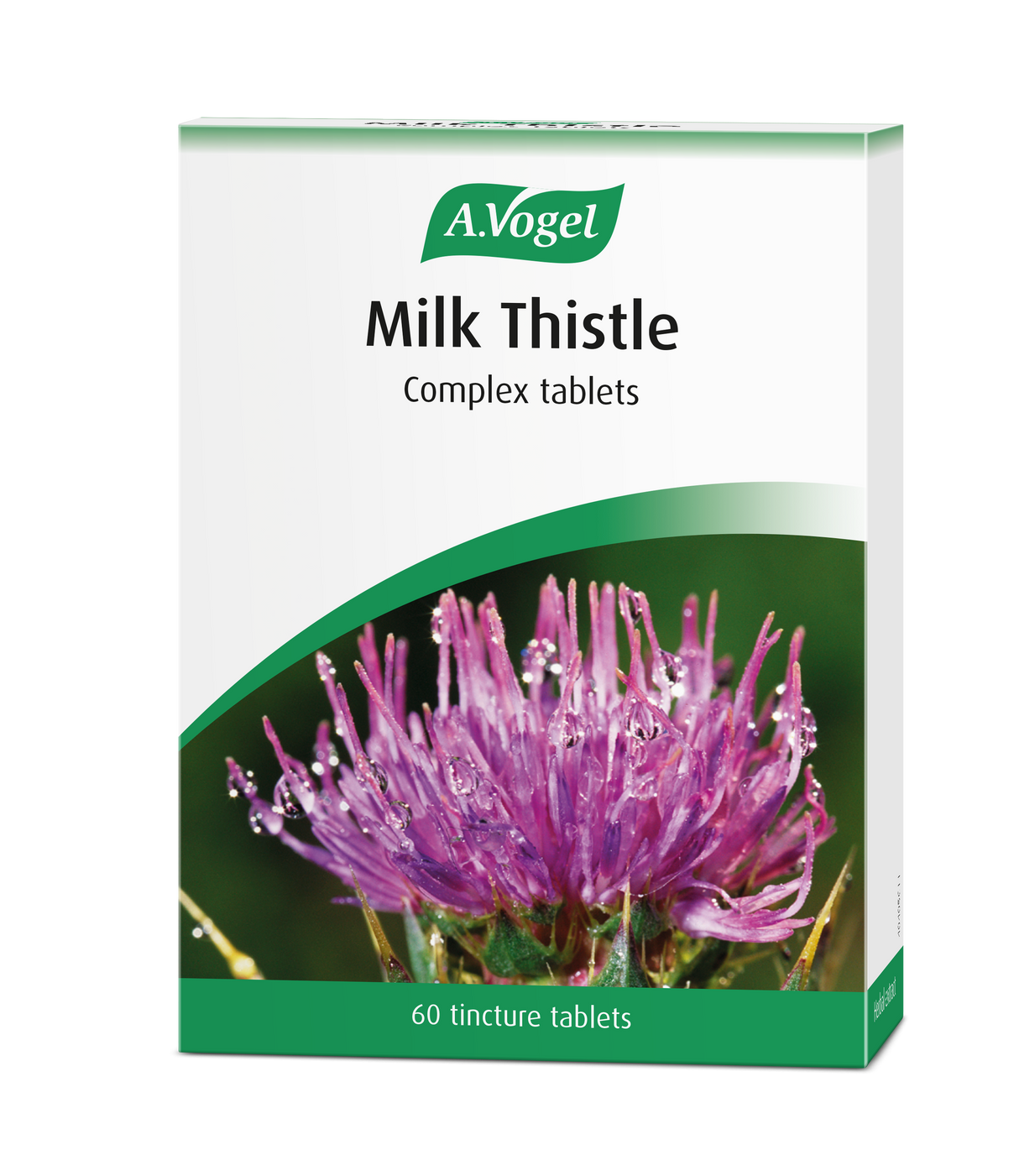 A.Vogel Milk Thistle Complex 60 tincture tablets retail carton featuring a close-up of a purple milk thistle flower with morning dew droplets.