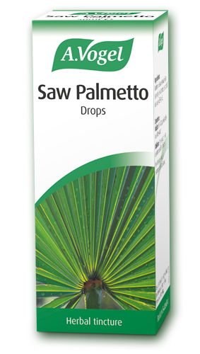 A.Vogel Saw Palmetto herbal tincture drops packaging featuring a green palm leaf illustration.