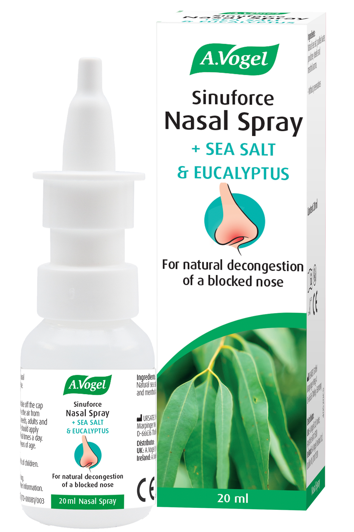 A.Vogel Sinuforce Nasal Spray bottle and retail carton with sea salt and eucalyptus featuring a green leaf illustration.