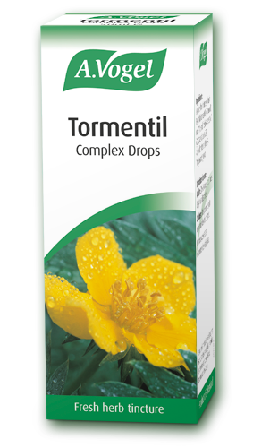 A.Vogel Tormentil Complex Drops 50ml retail packaging box featuring a vibrant yellow tormentil flower with water droplets on a green and white background.