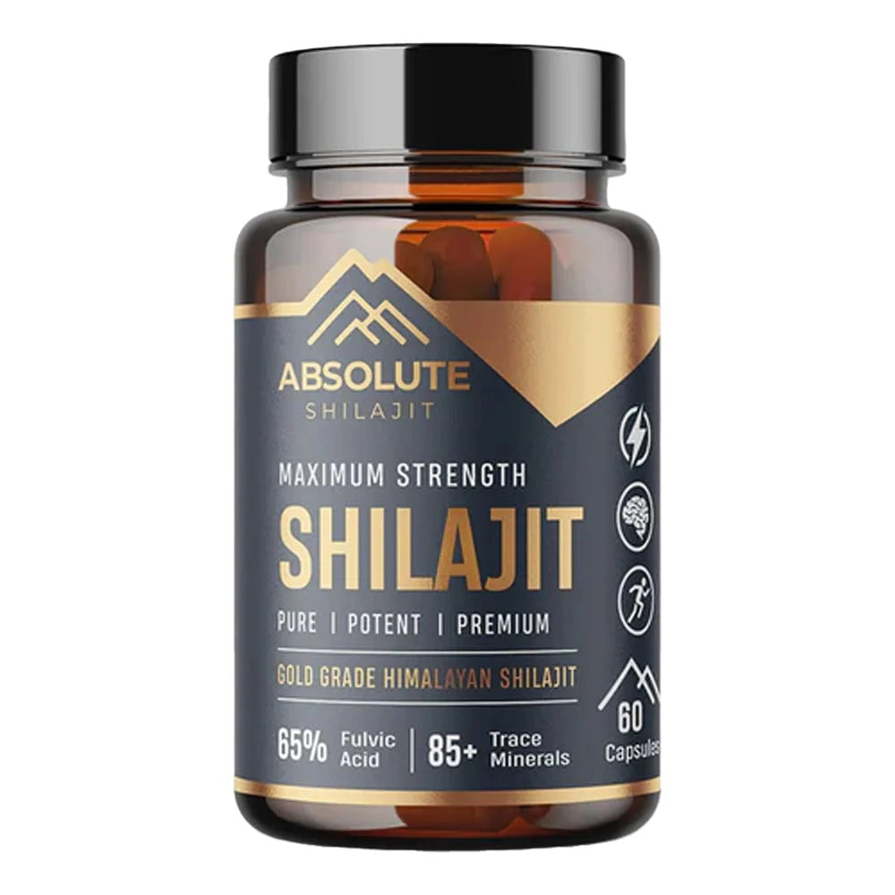 Absolute Shilajit maximum strength gold grade Himalayan shilajit supplement, 60 capsules, containing 65% fulvic acid and 85+ trace minerals.