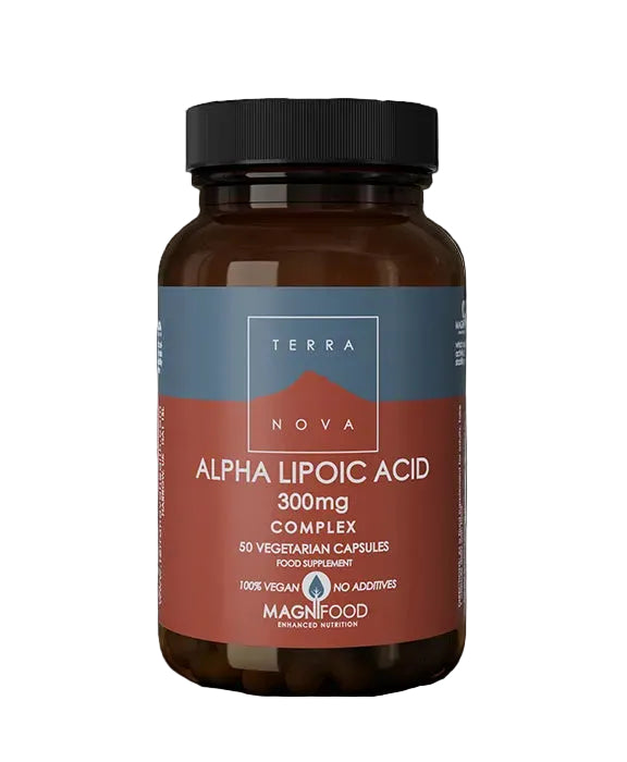 Terranova Alpha Lipoic Acid 300mg complex supplement bottle containing 50 vegan vegetarian capsules.