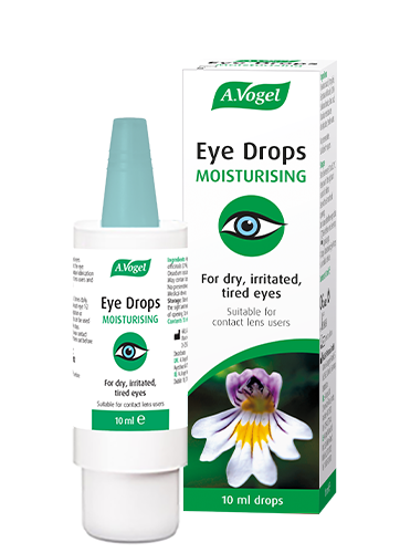 A 10ml bottle and box of A.Vogel Eye Drops Moisturising for dry, irritated, and tired eyes, suitable for contact lens users.