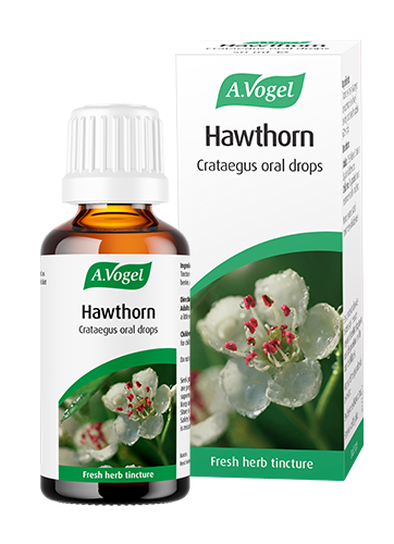 A bottle and box of A.Vogel Hawthorn Crataegus oral drops, a fresh herb tincture made from Hawthorn berries.