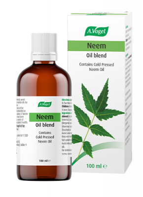 A 100ml bottle and box of A.Vogel Neem Oil blend, containing cold-pressed Neem oil for topical use.