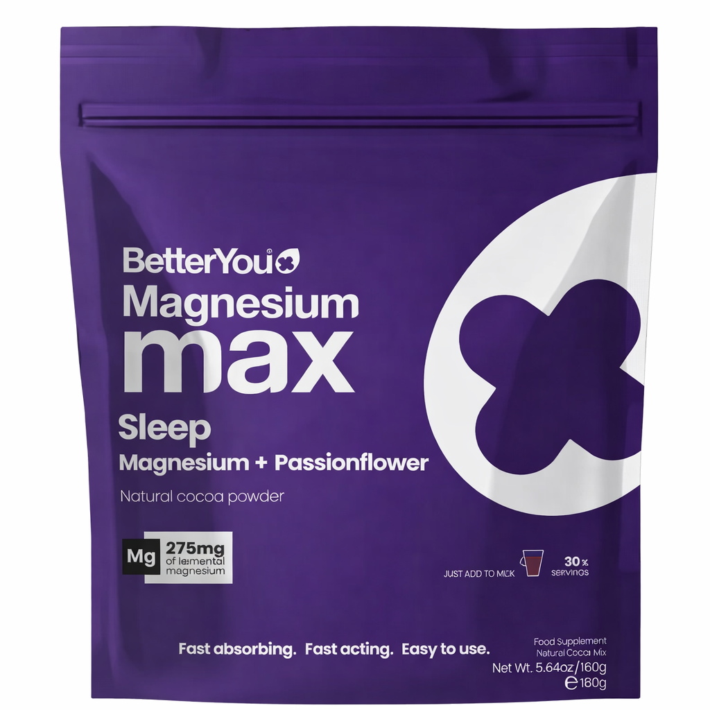 BetterYou Magnesium Max Sleep natural cocoa powder with Passionflower and 275mg of elemental magnesium, 160g pouch.