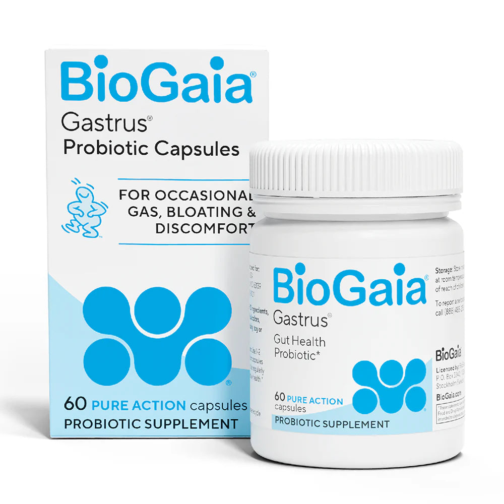 Front view of a white box and bottle of BioGaia Gastrus probiotic capsules for occasional gas and bloating, a product by BioGaia AB.
