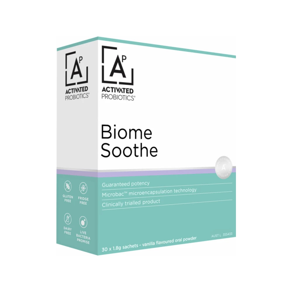 Activated Probiotics Biome Soothe, 30 x 1.8g vanilla-flavored probiotic oral powder sachets, gluten-free and dairy-free.