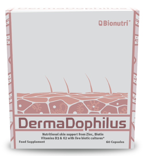 Bionutri DermaDophilus food supplement for nutritional skin support with Zinc, Biotin, and Vitamins D3 & K2, 60 capsules.