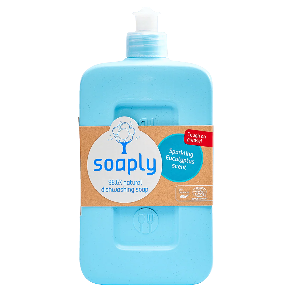 Soaply 98.6% natural dishwashing soap in 'Sparkling Eucalyptus' scent, packaged in a zero-plastic bottle, pH-balanced, and Ecocert certified.