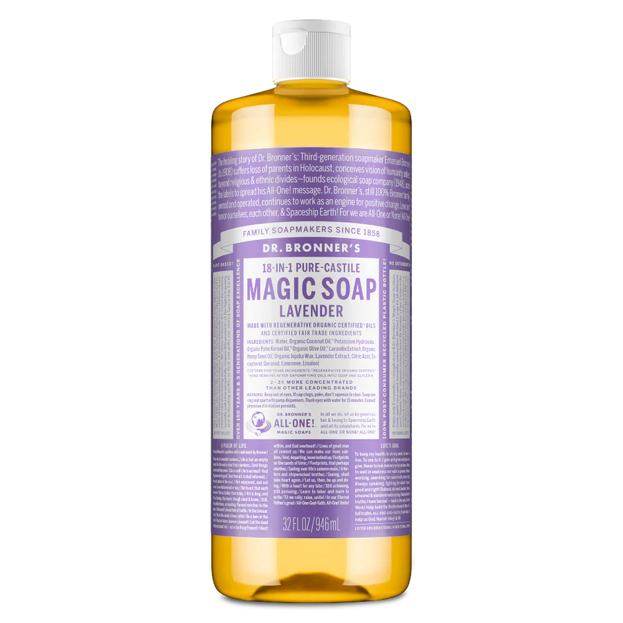 Dr. Bronner’s 18-in-1 Pure-Castile Lavender Magic Soap, a 32 fl oz (946 ml) bottle made with regenerative organic certified and fair trade ingredients.