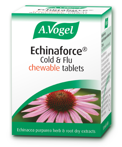 Avogel Echinaforce Chewable – echinacea herb and root chewable tablets for natural immune support and relief from cold and flu symptoms.