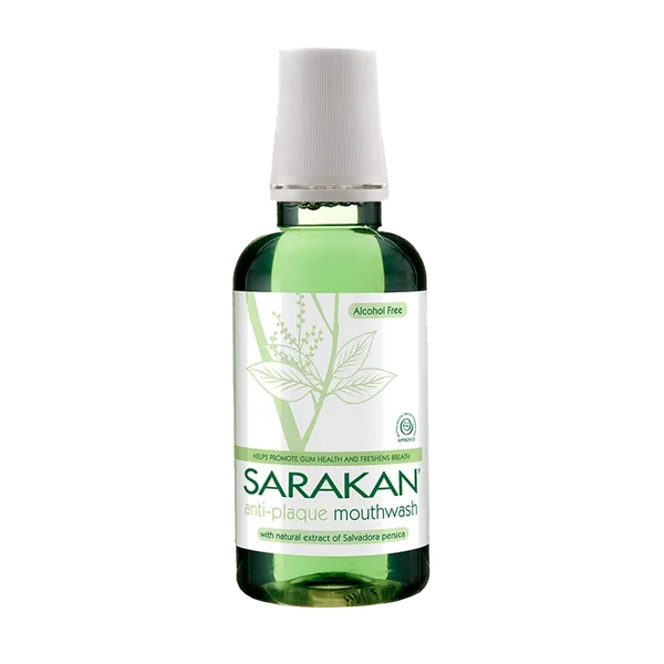 "Sarakan anti-plaque mouthwash, alcohol-free formula with natural extract of Salvadora persica, designed to promote gum health and freshen breath."