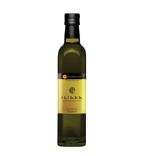 A 500ml bottle of olive oil with a black cap and a yellow label, shown against a plain white background.