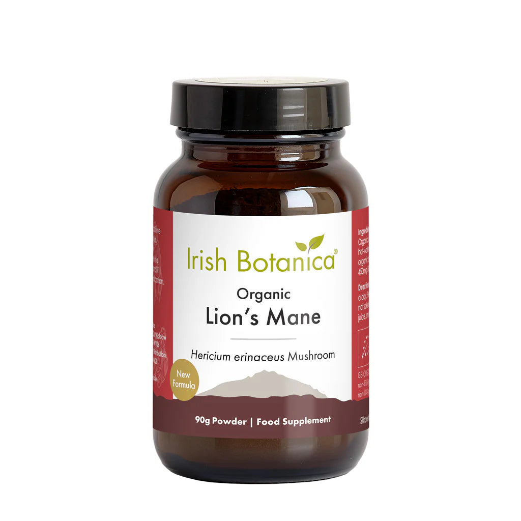 Irish Botanica Organic Lion's Mane Hericium erinaceus Mushroom food supplement, 90g powder featuring a new formula.