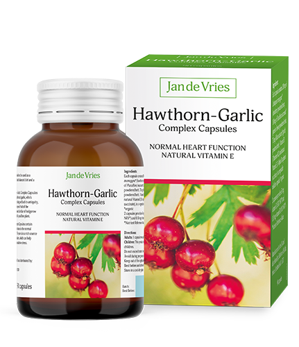Jan de Vries Hawthorn Garlic Complex capsules for heart health, blood pressure support, and circulation.