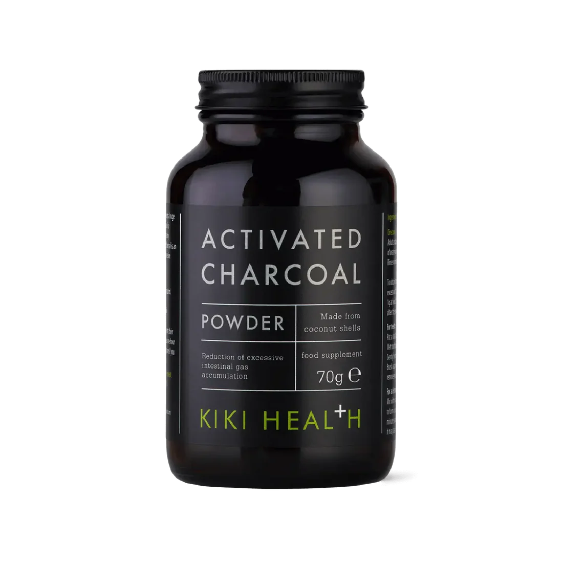 KIKI Health activated charcoal powder 70g for digestion, bloating relief, detox support, teeth whitening, and natural cleansing.