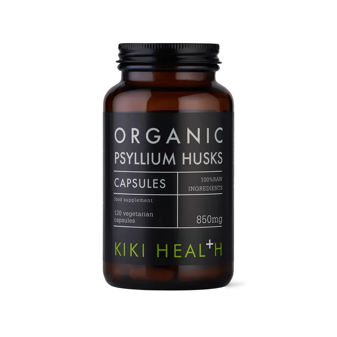 KIKI Health organic psyllium husks 120 vegicaps for digestion, gut health, fibre support and natural bowel regularity.