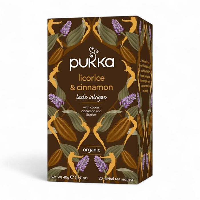 Pukka Licorice & Cinnamon organic herbal tea, featuring a blend of cocoa, cinnamon, and licorice, containing 20 herbal tea sachets.