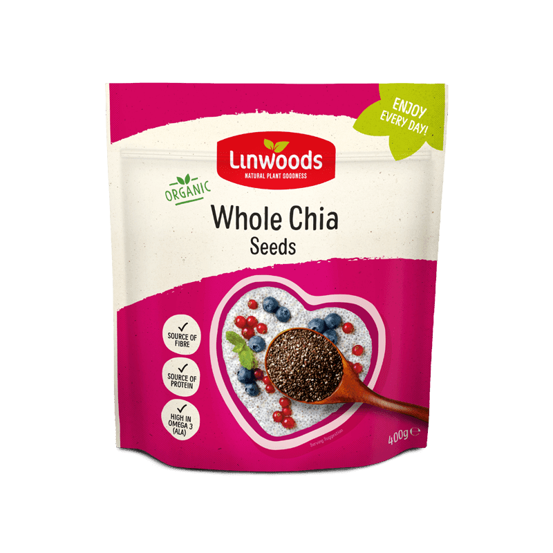 Linwoods Organic Whole Chia Seeds, 400g, a nutritious plant-based source of fiber, protein, and Omega-3 (ALA).