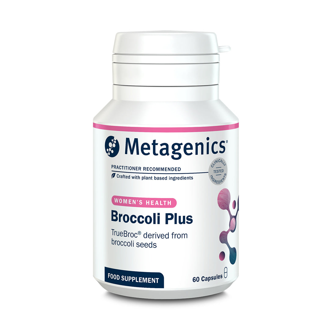 Product bottle of Metagenics Broccoli Plus, a women's health food supplement featuring TrueBroc derived from broccoli seeds, 60 capsules.