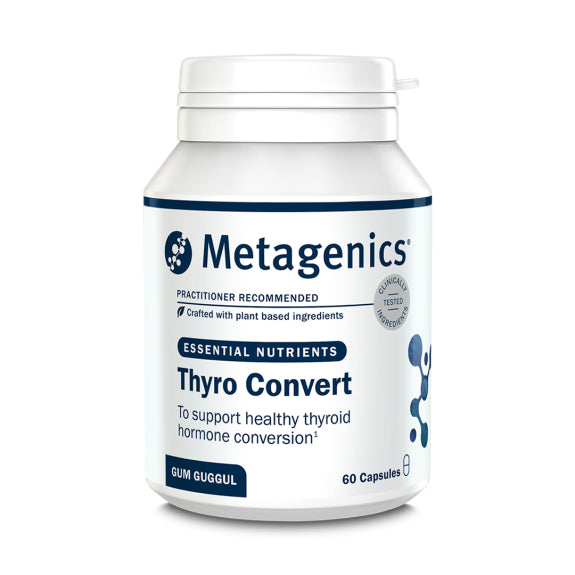 Product bottle of Metagenics Thyro Convert, an essential nutrient supplement with gum guggul designed to support healthy thyroid hormone conversion, 60 capsules.