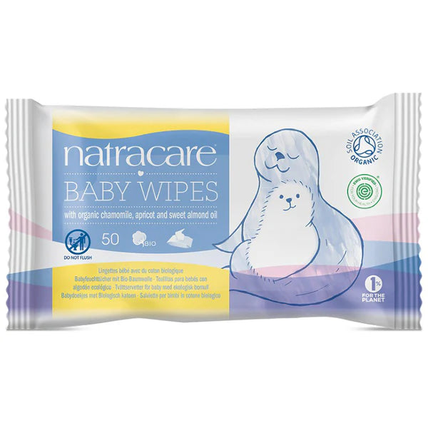 "Natracare organic cotton baby wipes, 50-count pack, infused with organic chamomile, apricot, and sweet almond oil, featuring a seal illustration on the packaging."