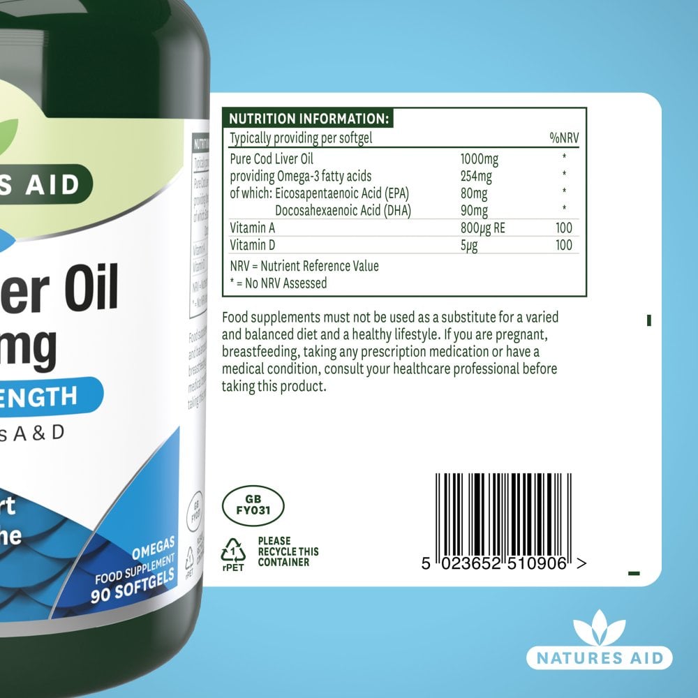 Natures Aid Cod Liver Oil supplement bottle nutritional information with label on a blue background