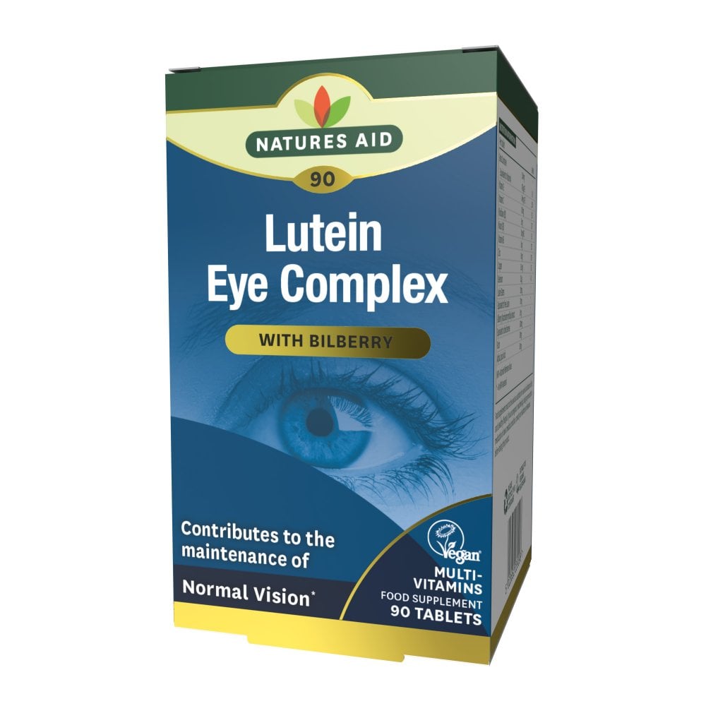 Natures Aid Lutein Eye Complex with Bilberry, 90 tablets food supplement box for maintenance of normal vision.
