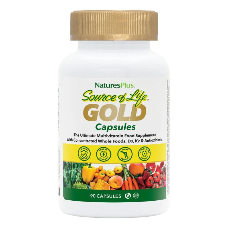 Nature's Plus Source of Life Gold capsules whole food multivitamin for energy and immune support 90 capsules.