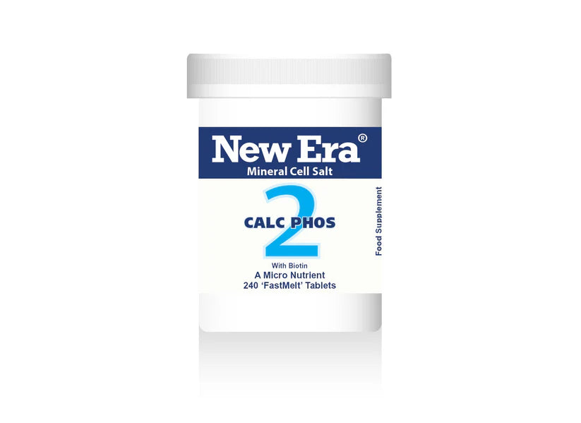 New Era Mineral Cell Salt 2 Calc Phos with Biotin, 240 FastMelt tablets bottle food supplement.